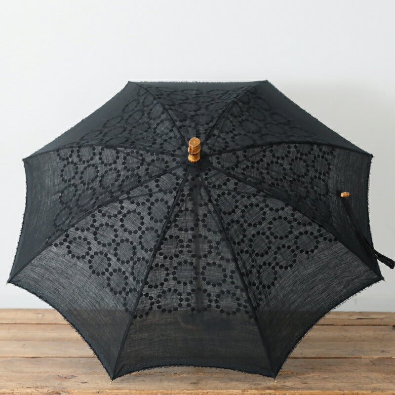 SUR MER Long Umbrella, Linen Embroidery, Ring Polka Dot, Black