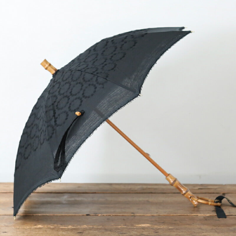 SUR MER Long Umbrella, Linen Embroidery, Ring Polka Dot, Black