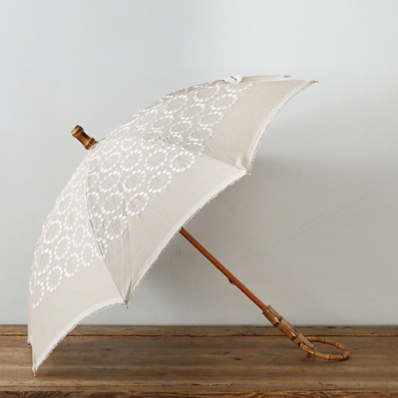 SUR MER Linen Embroidered Polka Dot Long Umbrella - Natural