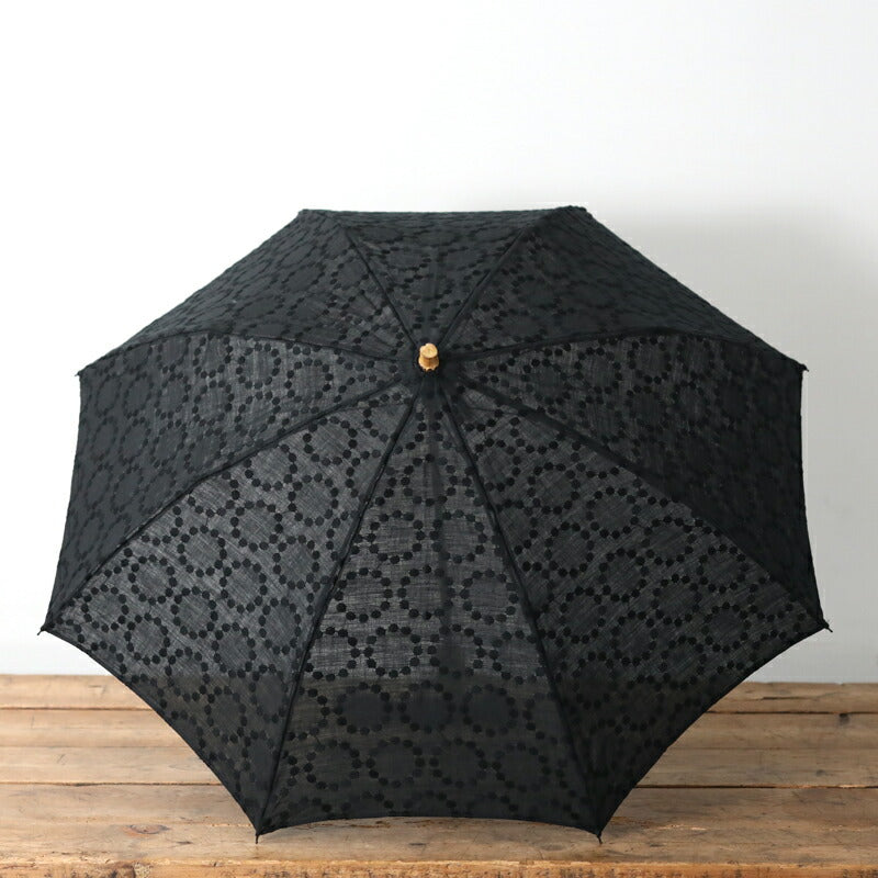 SUR MER Folding Parasol, Linen Embroidery, Polka Dot Rings, Black