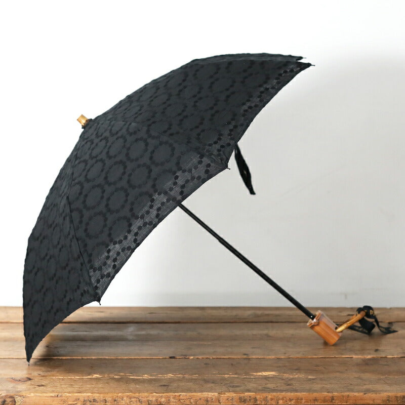 SUR MER Folding Parasol, Linen Embroidery, Polka Dot Rings, Black