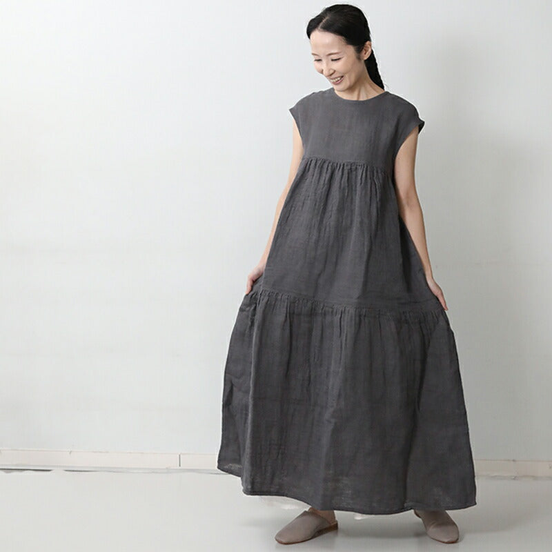 BAN INOUE かやフレンチギャザードレス つるばみ 蚊帳 ワンピース