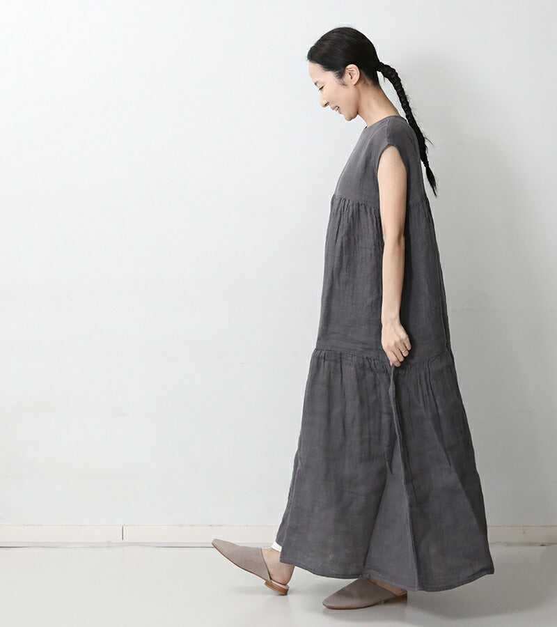 BAN INOUE かやフレンチギャザードレス つるばみ 蚊帳 ワンピース